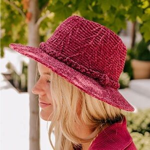 NWT! ADORA Chanel-Style Chenille Woven Fedora, BURGUNDY